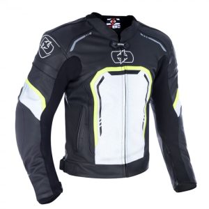 Geaca piele Oxford Strada Sport, protectii umeri coate, negru alb galben fluo, M, Oxford – ofertă, preț și specificații